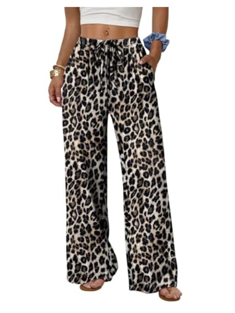 Wide Leg Palazzo Pants with Pockets Drawstring Elastic Waist Trousers Flowy